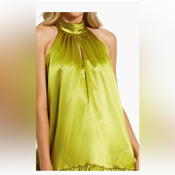 Mac Duggal Keyhole High Neck Satin Ruffle Hem Mini Dress Apple Green - Picture 3 of 7